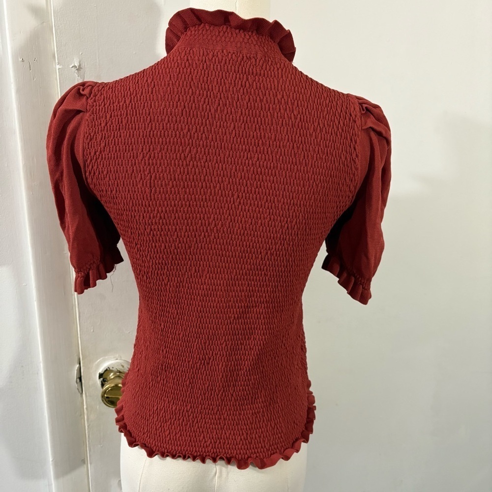 Catherine Malandrino Smocked Stretch Ruffle Top Women’s Sz S Burnt Orange - Picture 2 of 6
